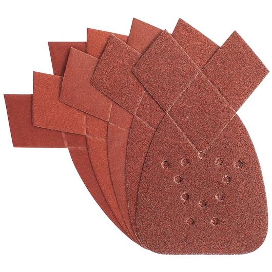 STANLEY STA31024 sanding paper sheets set, brown abrasive pads with ventilation holes, product photography, top view.