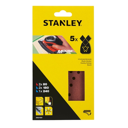 STANLEY STA31024 mouse sander sheets pack, yellow and black packaging, window shows sanding sheet with holes, front angle.