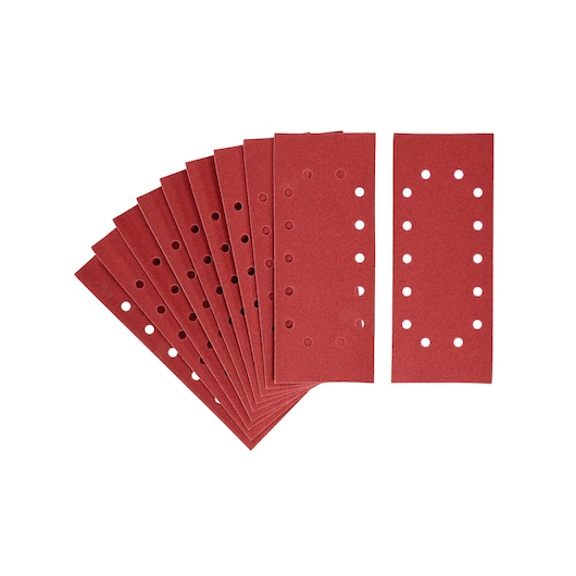 STANLEY STA31025 rectangular red sandpaper sheets with holes, pack of ten, front angle on white background.