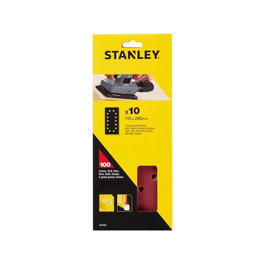 STANLEY STA31025 sanding sheets pack, yellow and black packaging, front angle, photography product category.