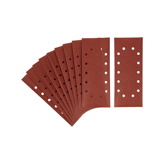 STANLEY STA31030 rectangular sanding sheets with holes, brown, product photography on white background.