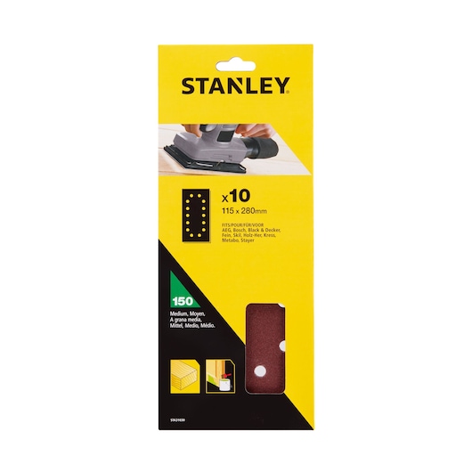 STANLEY STA31030 medium grit sanding sheets 150, ten-pack, front angle, yellow packaging.
