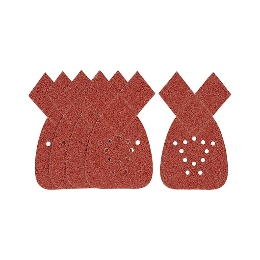 STANLEY STA31034 sanding sheets pack, triangular red abrasive pads with holes, product photo on white background.