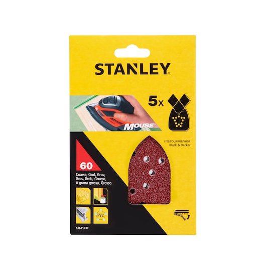 Photo of STANLEY STA31039 coarse sanding sheets pack, 60 grit, 5 pieces, visible front packaging.