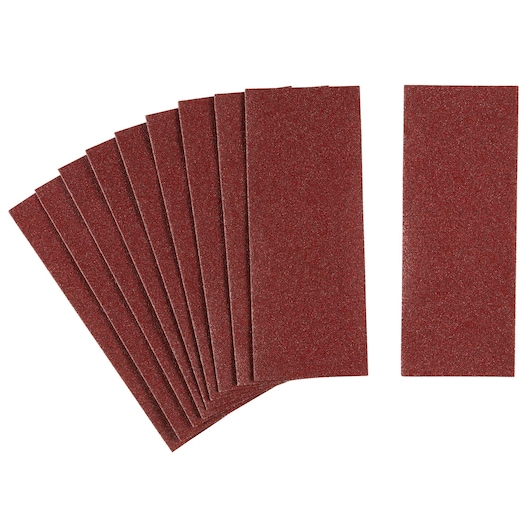 STANLEY STA31060 rectangular red sandpaper sheets, pack of ten, top view, on white background.
