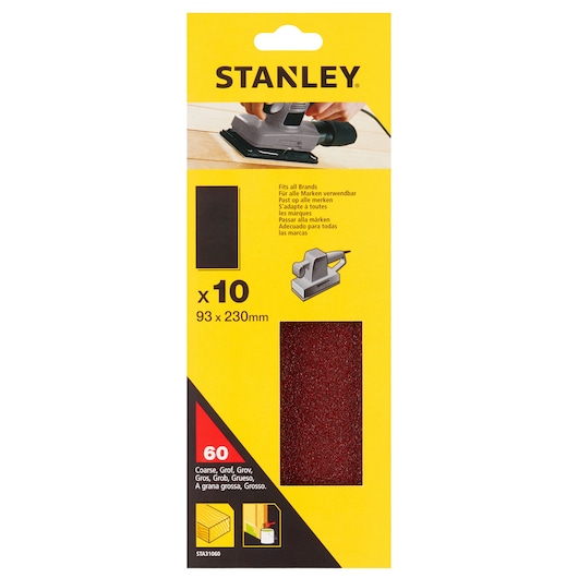 Stanley STA31060 coarse sandpaper pack, 60 grit, 93x230mm, red, 10 sheets, front angle on white background.
