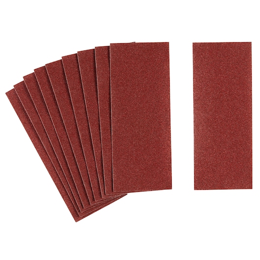 STANLEY STA31065 sandpaper sheets, rectangular, reddish-brown, set of ten, top view on white background.