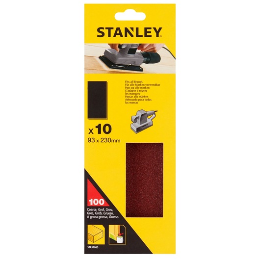 Stanley STA31065 coarse sandpaper pack, 10 sheets, red color, product photography, front view.