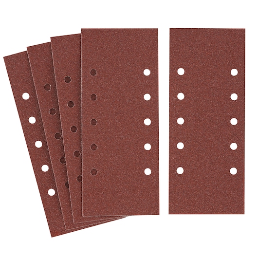 STANLEY STA31066 sanding sheets, brown, pack of five, rectangular with eight dust extraction holes, top view.