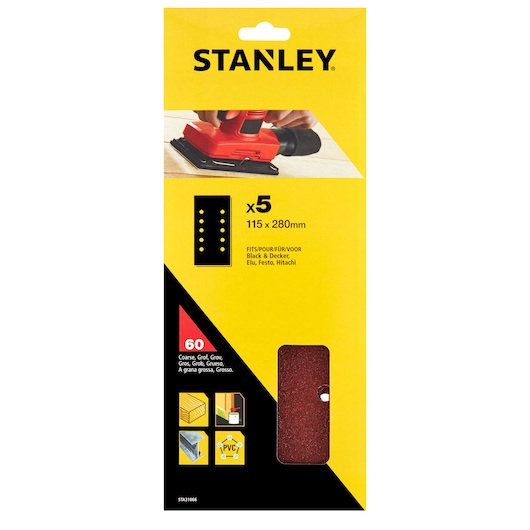 Front view of STANLEY STA31066 sanding sheets pack, 115x280mm, 5 coarse grit sheets for wood, metal, PVC.