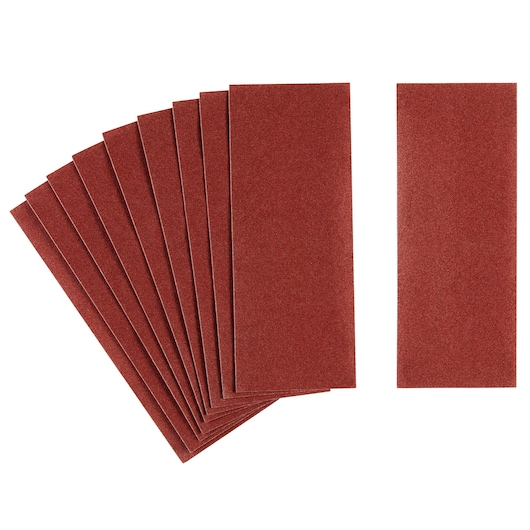 STANLEY STA31070 rectangular sandpaper sheets in red, shown in fan arrangement, product photography.