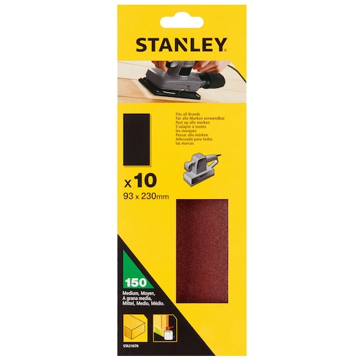 STANLEY STA31070 medium grit sandpaper 10-pack, 93 x 230 mm, yellow and black packaging, front view.