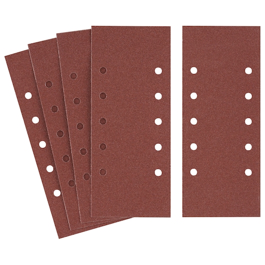 STANLEY STA31071 rectangular sanding sheets set with pre-cut holes, brown, top view, on white background.