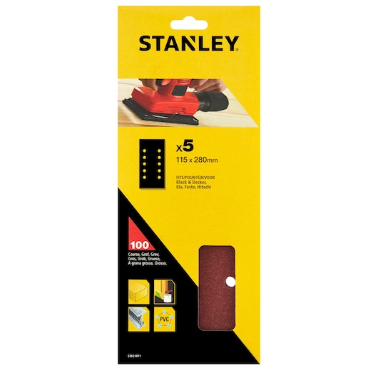 STANLEY STA31071 coarse sanding sheets pack, 5 pieces, 115x280mm, photography front angle.