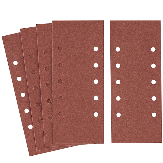 STANLEY STA31076 rectangular brown sanding sheets with multiple round holes, front angle on white background.