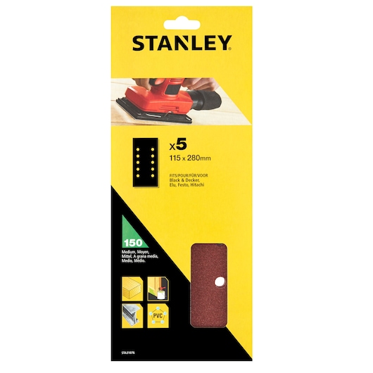 STANLEY STA31076 medium grit sanding sheets pack, 115x280mm, shown from front on white background.