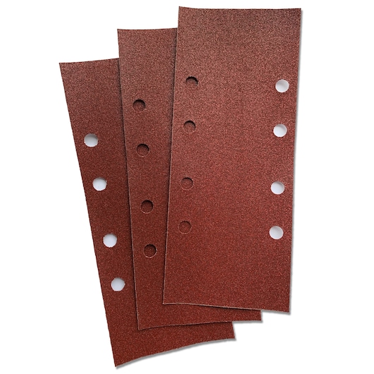 STANLEY STA31085 rectangular sanding sheets with holes, reddish-brown, shown from top angle.