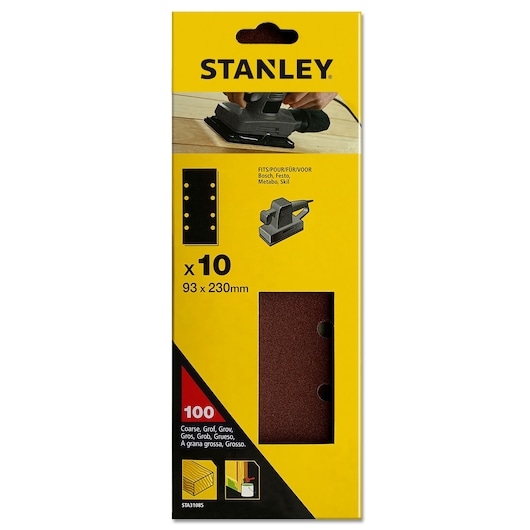 STANLEY STA31085 coarse sandpaper sheets 93 x 230mm, pack of 10, yellow packaging, front view.