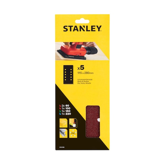 STANLEY STA31086 sanding sheets pack, 5 sheets, 115x280mm, assorted grits, front packaging photo.