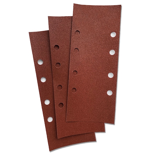 Photo of three STANLEY STA31090 rectangular sanding sheets with six holes, brown abrasive surface, top view.