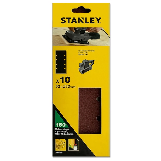 STANLEY STA31090 medium grit sanding sheets pack, 93x230mm, yellow box, front angle photo
