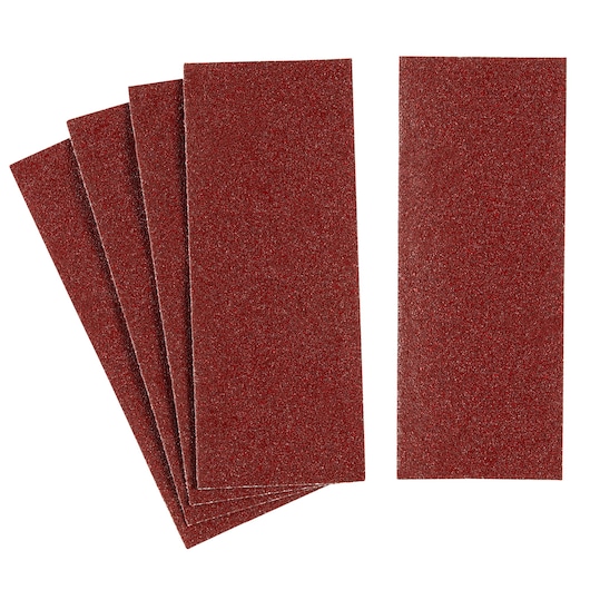 Photo of STANLEY STA31091 red rectangular sandpaper sheets, set of five, on white background.
