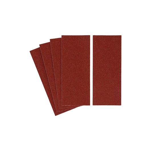 STANLEY STA31093 rectangular sandpaper sheets, brown, set of five, top view, on white background.