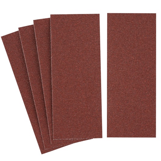 Photo of STANLEY STA31096 sanding sheets, pack of five, rectangular, brown abrasive surface, top view.