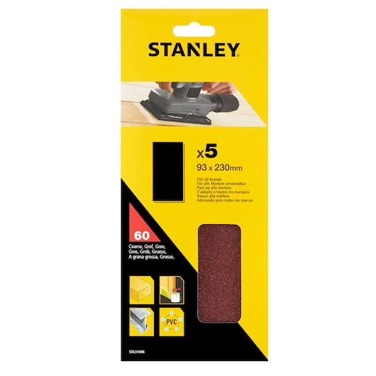 STANLEY STA31096 sanding sheets pack, coarse grit 60, 93 x 230mm, set of 5, front angle on white background.