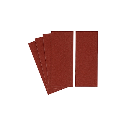Photo of STANLEY STA31098 sanding sheets pack, brown abrasive rectangular sheets, top view, on white background.
