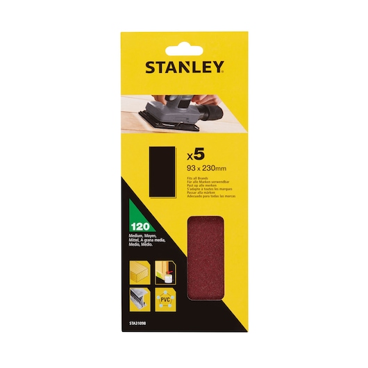 STANLEY STA31098 sanding sheets pack, yellow and black packaging, medium grit 120, 93 x 230mm, 5 sheets visible.