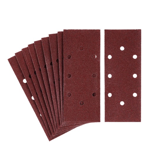 STANLEY STA31100 sandpaper sheets with holes, rectangular, brown, front angle on white background.