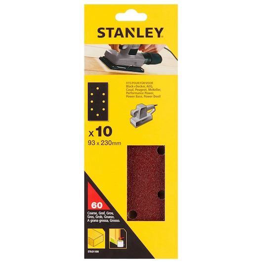 STANLEY STA31100 sanding sheets pack, coarse grit 60, red, rectangular, 93x230mm, front angle.