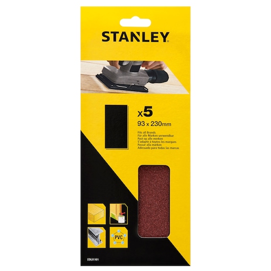 STANLEY STA31101 sandpaper sheets 93x230mm, pack of 5, packaging front view shows red abrasive sheets and usage icons.