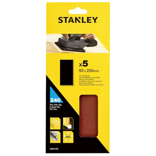 STANLEY STA31103 fine 240 grit sandpaper pack, rectangular sheets, front packaging photo.