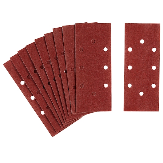 STANLEY STA31105 rectangular sanding sheets, reddish-brown, eight visible sheets with dust extraction holes, top view.