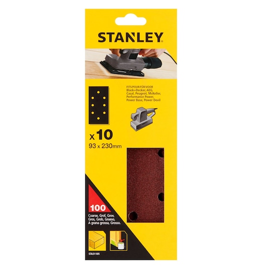 STANLEY STA31105 coarse sanding sheets, 93 x 230mm, pack of 10, front packaging photo with product window.