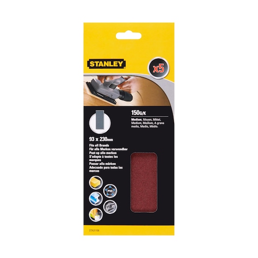 Photo of STANLEY STA31106 sanding sheets 93x230mm, 150 grit, pack of 5, front packaging on white background.