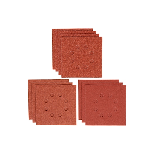STANLEY STA31108 square sanding sheets with round ventilation holes, red color, front angle, product photography.