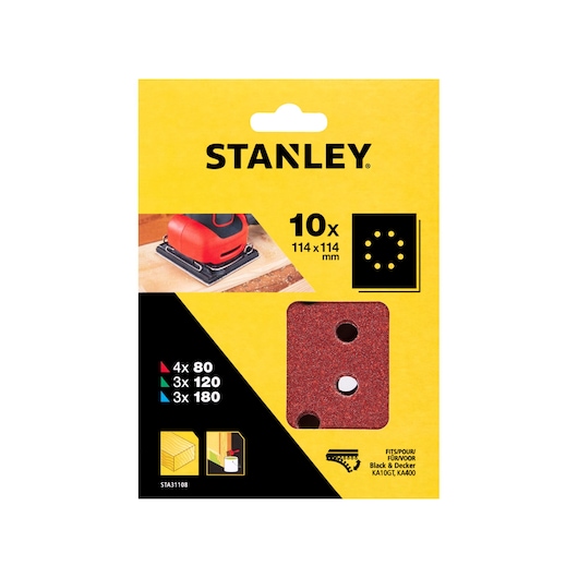 STANLEY STA31108 sanding sheets pack, 10 sheets, 114x114mm, assorted grits, front-facing packaging photo.