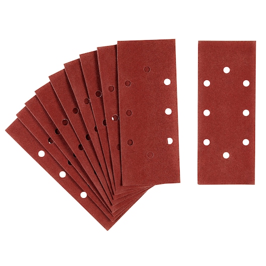 STANLEY STA31110 rectangular sanding sheets with perforations, brown, set of 10, top view on white background.