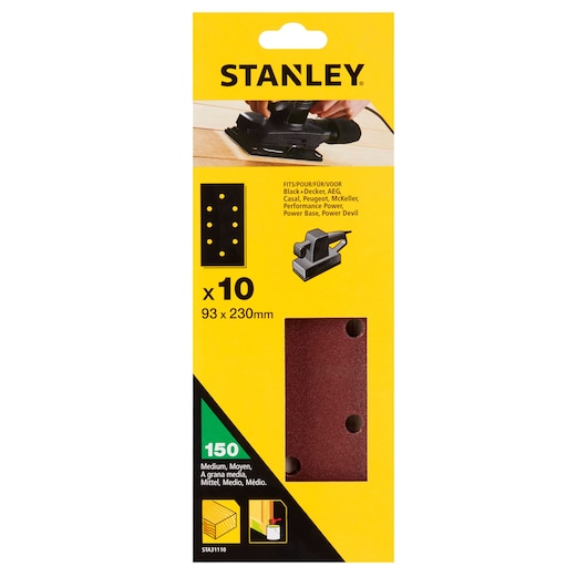 STANLEY STA31110 medium sanding sheet pack, brown sheets, 10 pieces, 93x230mm, front packaging photo.