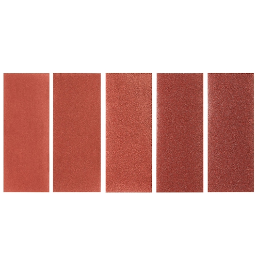 STANLEY STA31116 sandpaper sheets set, rectangular, reddish-brown, product top view on white background.