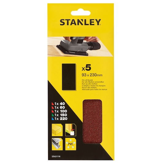 STANLEY STA31116 sanding sheets pack, 93x230mm, assorted grits, front angle, yellow and black packaging.