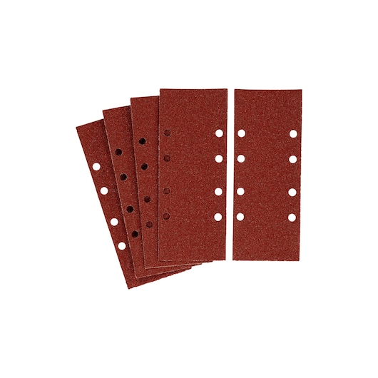Photo of STANLEY STA31121 sanding sheets, rectangular, brown, with perforation holes, front angle.
