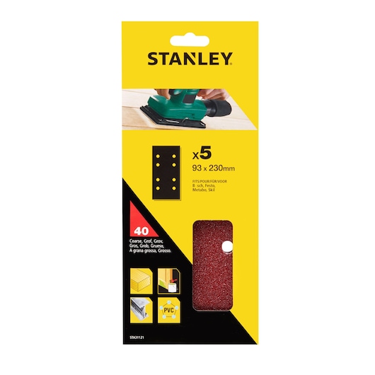 STANLEY STA31121 coarse sandpaper sheets 93x230mm, pack of 5, red, for wood and PVC, front angle.