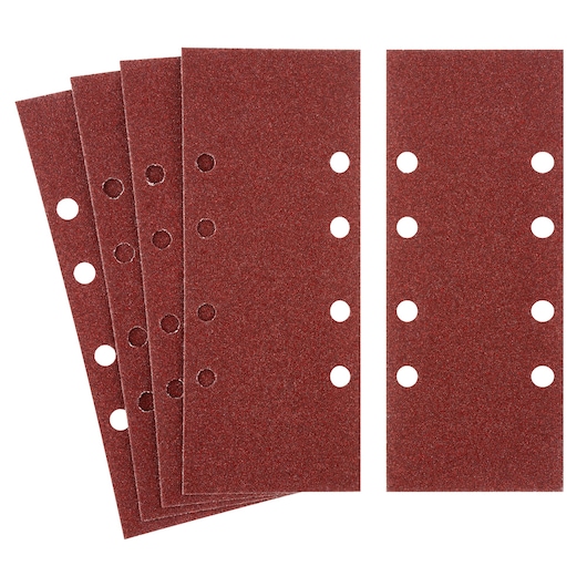 STANLEY STA31123 sanding sheets, rectangular, brown, with circular holes, front angle, product photography.