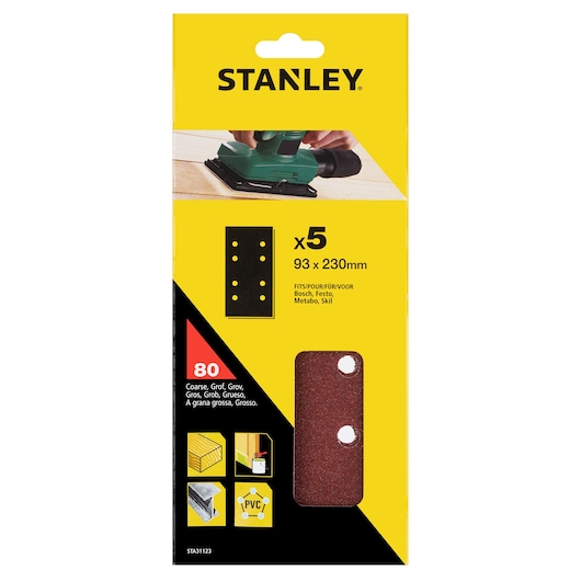 STANLEY STA31123 sanding sheets pack, 93x230mm, 80 grit, 5 pieces, coarse, yellow and black front view.