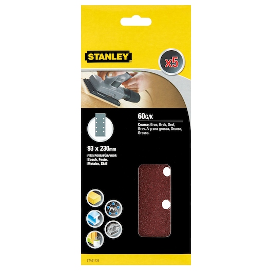 STANLEY STA31126 coarse sanding sheets, 60 grit, 93x230mm, pack of 5, shown in front packaging view.