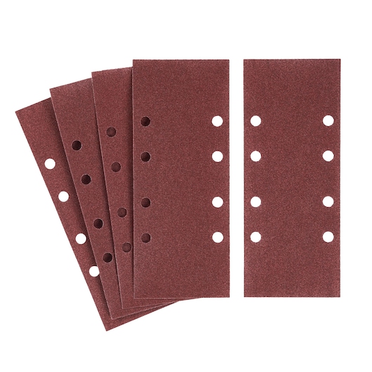 STANLEY STA31128 sanding sheets, brown, rectangular, with round holes, photography on white background.